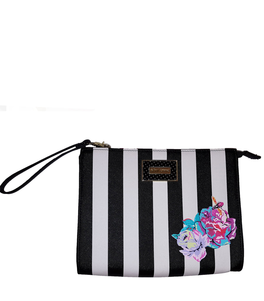 BJ Wristlet Clutch Black White Stripe Floral Rose Cosmetic Bag
