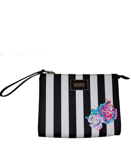 BJ Wristlet Clutch Black White Stripe Floral Rose Cosmetic Bag