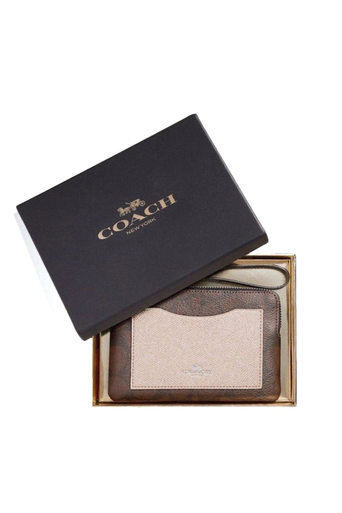 Coach Khaki Metallic Platinum Signature Corner Zip Wristlet