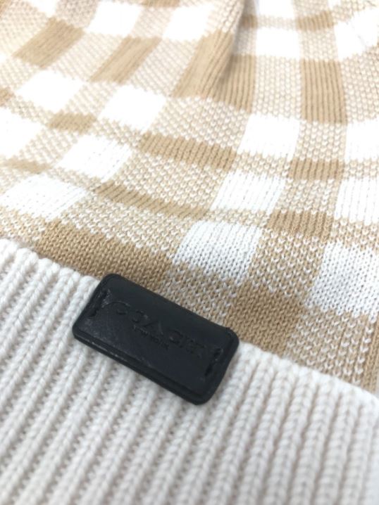 Coach F20156 Women's Plaid Caramel Pom Pom Beanie