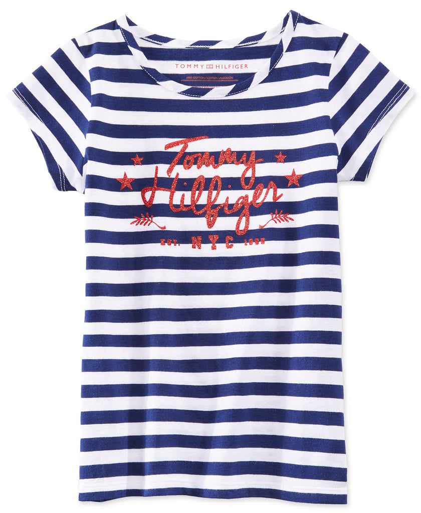 Tommy Hilfiger Big Girls Striped Glitter-Graphic T-Shirt