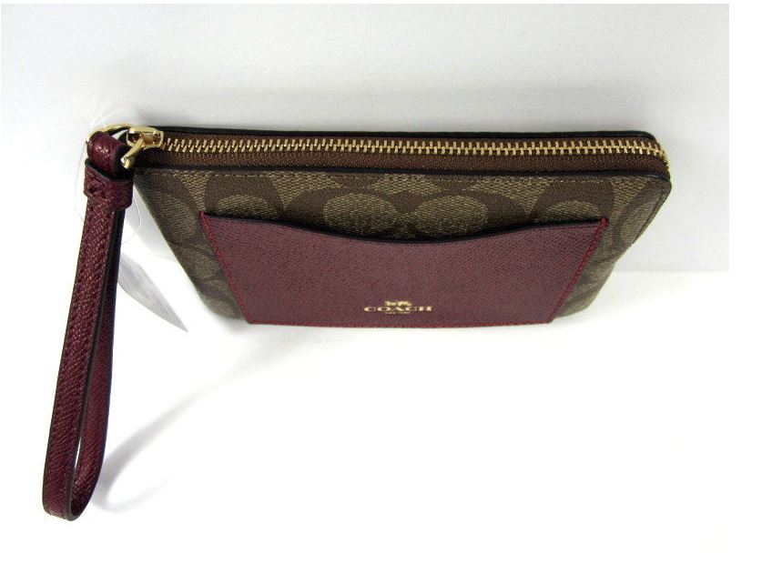 Coach Khaki Metallic Cherry Red Signature Corner Zip Wristlet