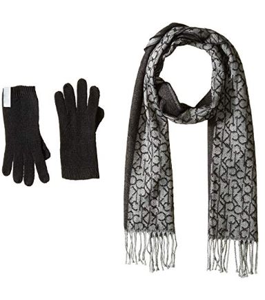 Calvin Klein Women's 2 Pc Woven Border Scarf, Knit Touch Glove