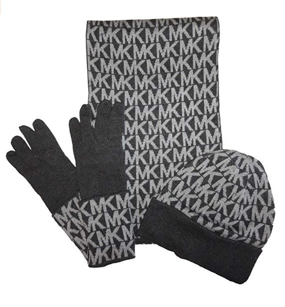 Michael Kors Women's MK Logo Knit Scarf, Hat & Gloves 3 Piece Set, Derby Grey