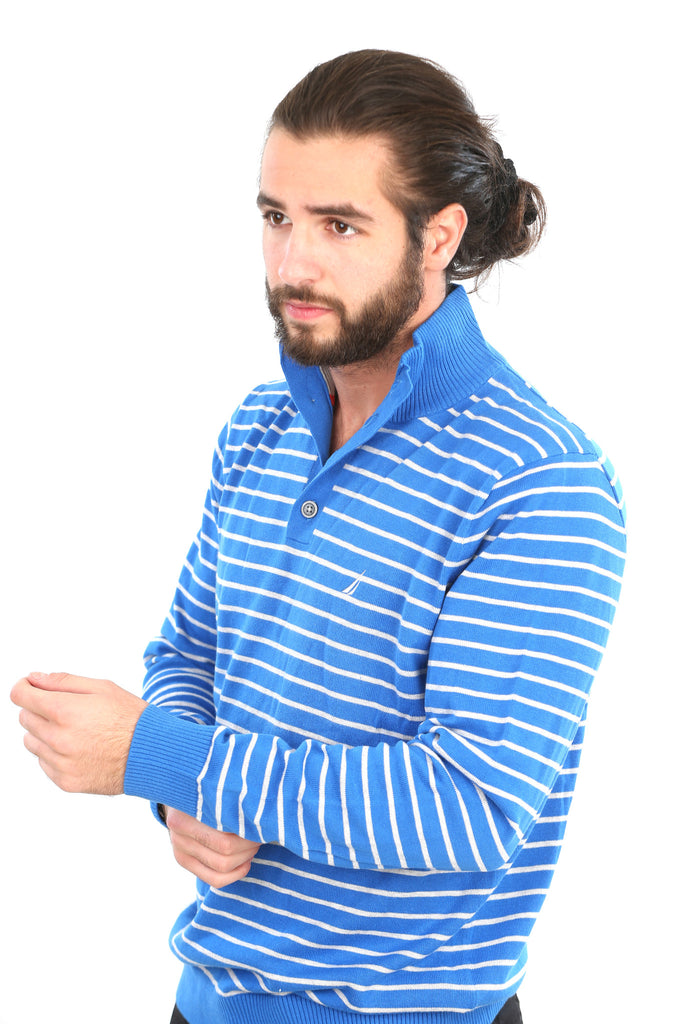 Nautica Men's Striped Buttoned Mock Neck Sweater