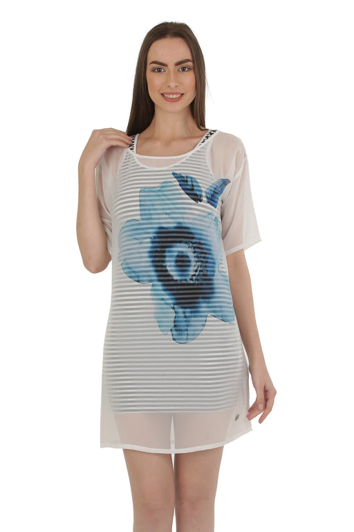 A Jeans Dress Floral Print Silk Organza Tunic