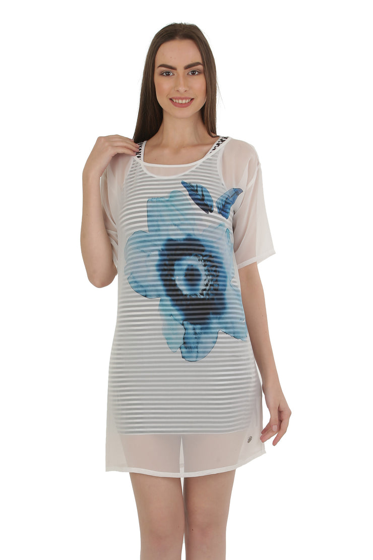 A Jeans Dress Floral Print Silk Organza Tunic