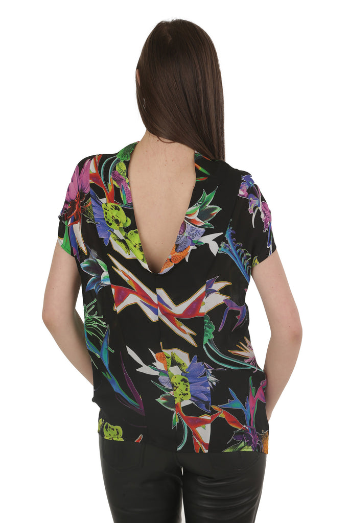 Just Cavalli Silk Neck On The Back Flowers Print Top