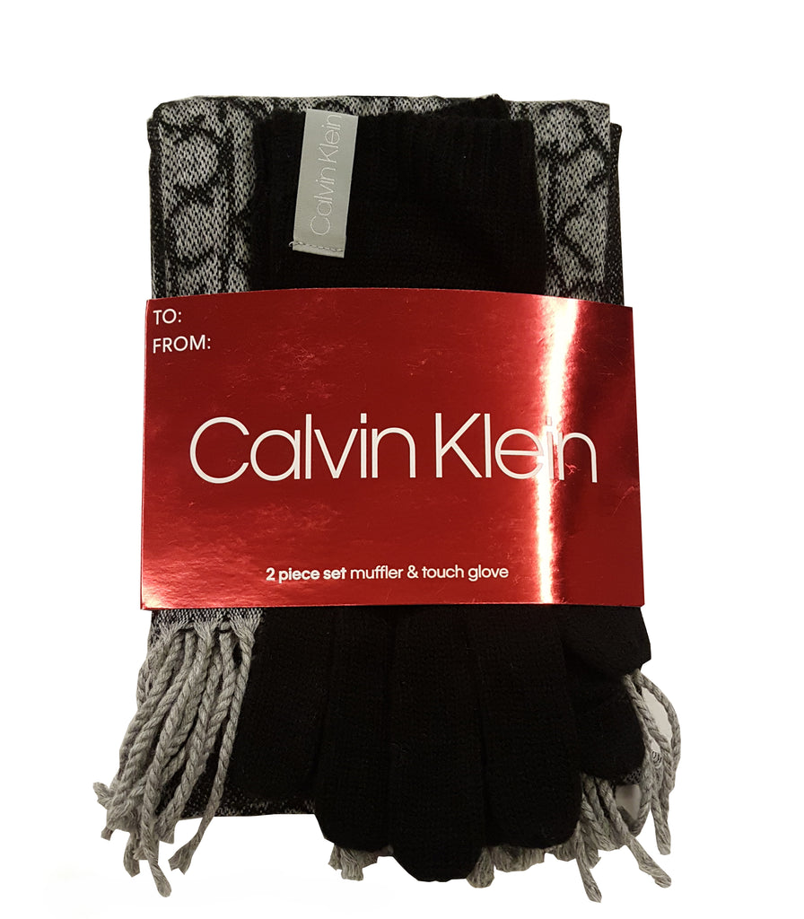 Calvin Klein Women's 2 Pc Woven Border Scarf, Knit Touch Glove