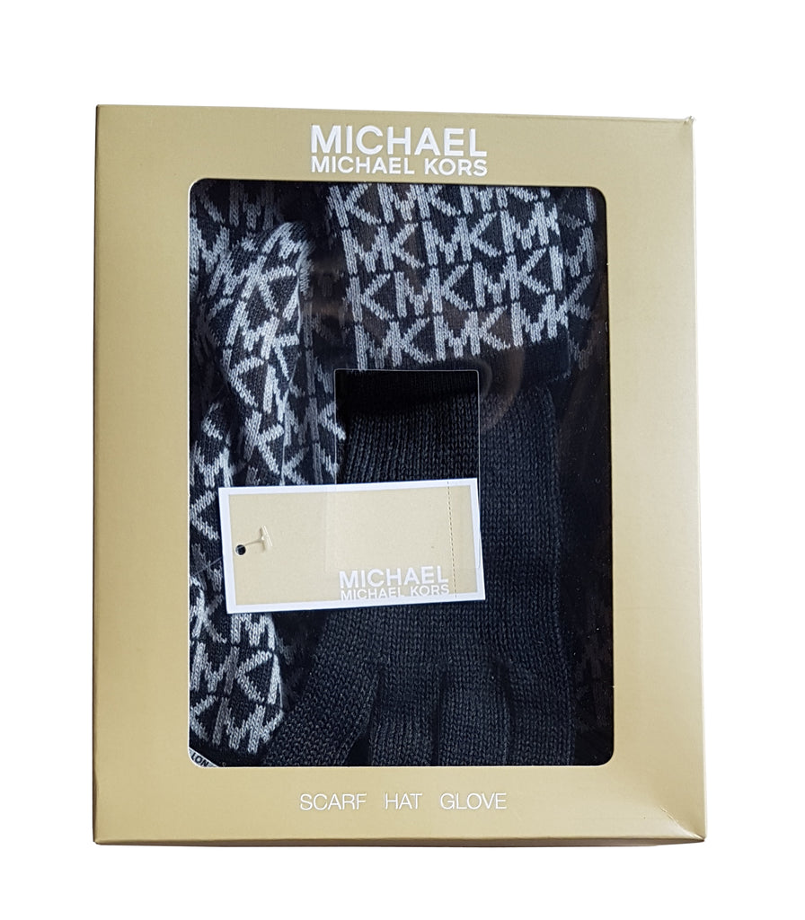 Michael Kors Women's MK Logo Knit Scarf, Hat & Gloves 3 Piece Set, Derby Grey