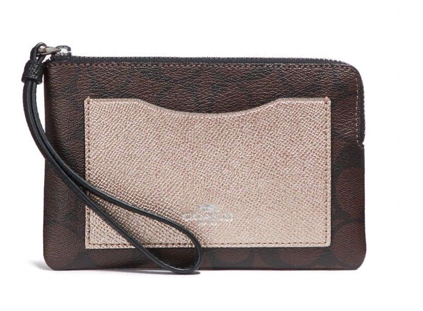 Coach Khaki Metallic Platinum Signature Corner Zip Wristlet