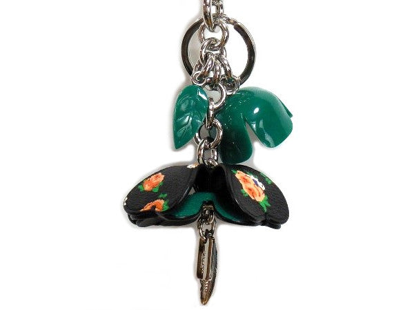 Coach F58517 Floral Resin Coated Canvas Tea Rose Key Charm Green Leaf