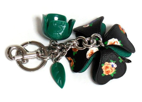 Coach F58517 Floral Resin Coated Canvas Tea Rose Key Charm Green Leaf
