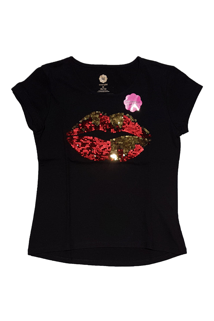 Total Girl Black Sequin Lip T-Shirt