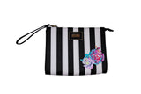 Betsey Johnson Wristlet Clutch Black White Stripe Floral Rose Cosmetic Bag