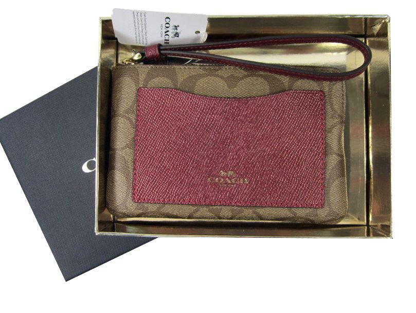 Coach Khaki Metallic Cherry Red Signature Corner Zip Wristlet