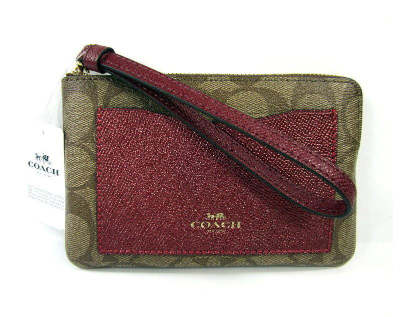 Coach Khaki Metallic Cherry Red Signature Corner Zip Wristlet