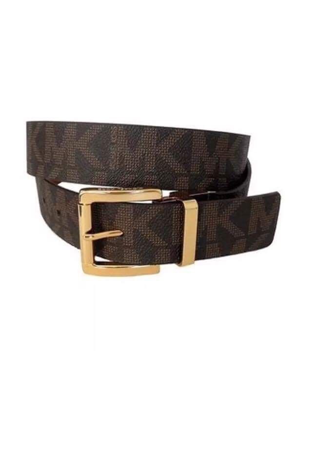 Michael Kors Women's Reversible MK Logo Gold Buckle Brown/Brown