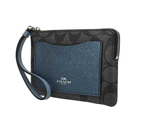 Coach Khaki Metallic Blue Signature Corner Zip Wristlet